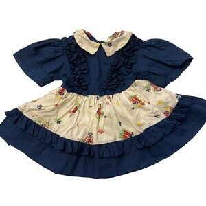 Vintage JILL LYNN Ruffled Frilly Blue Dress Toddler Girls Size 2T Friends Print